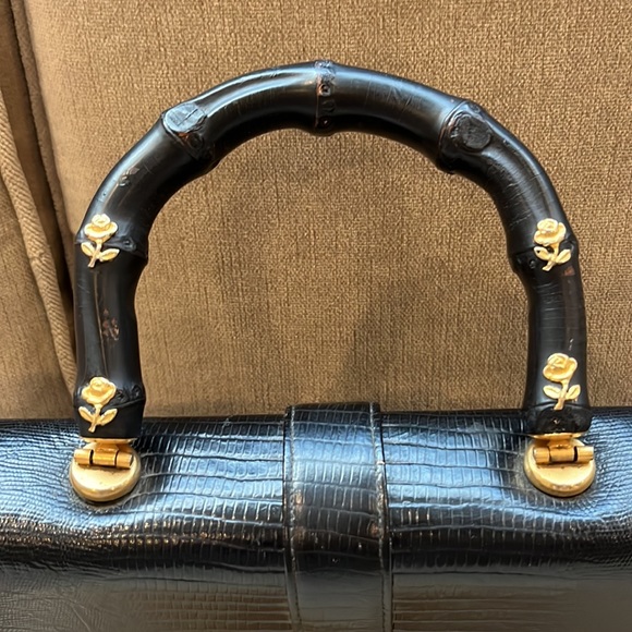 Rosart Vintage Satchel Black Handbag Embossed Croc & Handel with Gold Roses - Picture 2 of 16